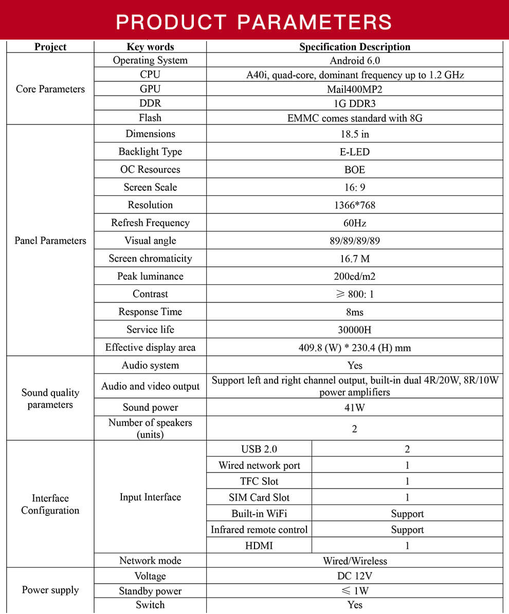 Technical parameters of 18.5-inch wall mounted advertising machine player Technical parameters of 18.5-inch wall mounted advertising machine player